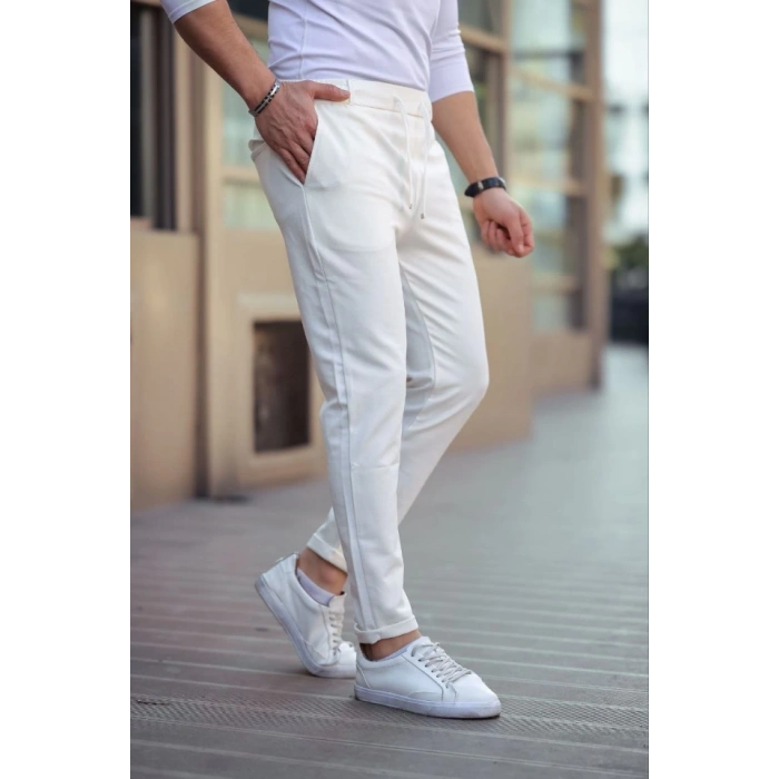 Erkek Diagonel Mikro Dokulu Cepli Beli Lastilki Pantolon - Beyaz