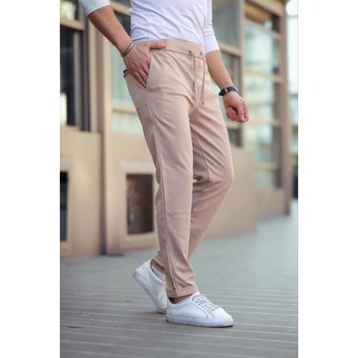 Erkek Diagonel Mikro Dokulu Cepli Beli Lastilki Pantolon - Kahverengi