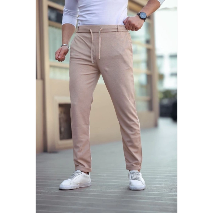 Erkek Diagonel Mikro Dokulu Cepli Beli Lastilki Pantolon - Kahverengi