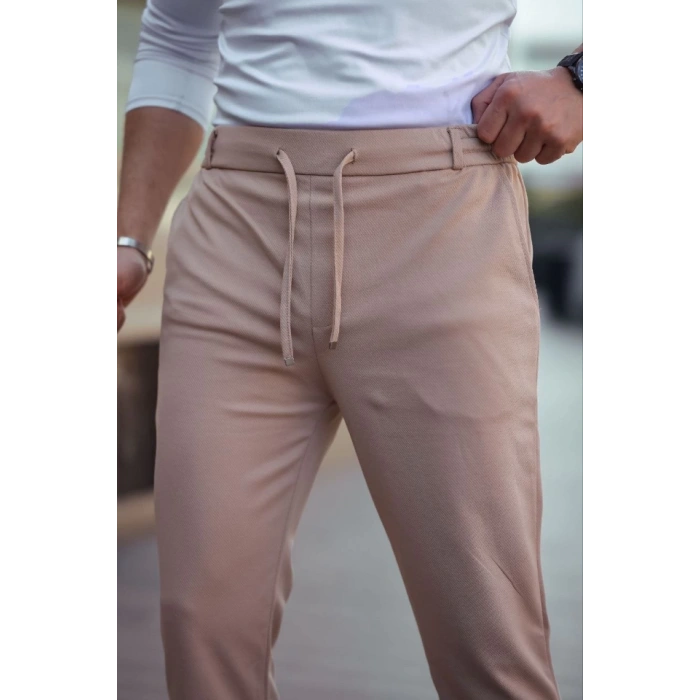Erkek Diagonel Mikro Dokulu Cepli Beli Lastilki Pantolon - Kahverengi