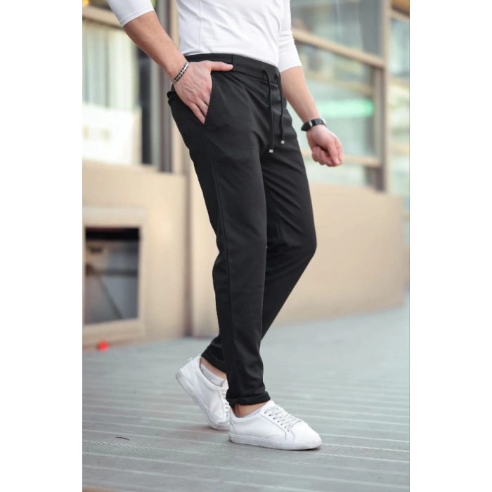 Erkek Diagonel Mikro Dokulu Cepli Beli Lastilki Pantolon - Siyah