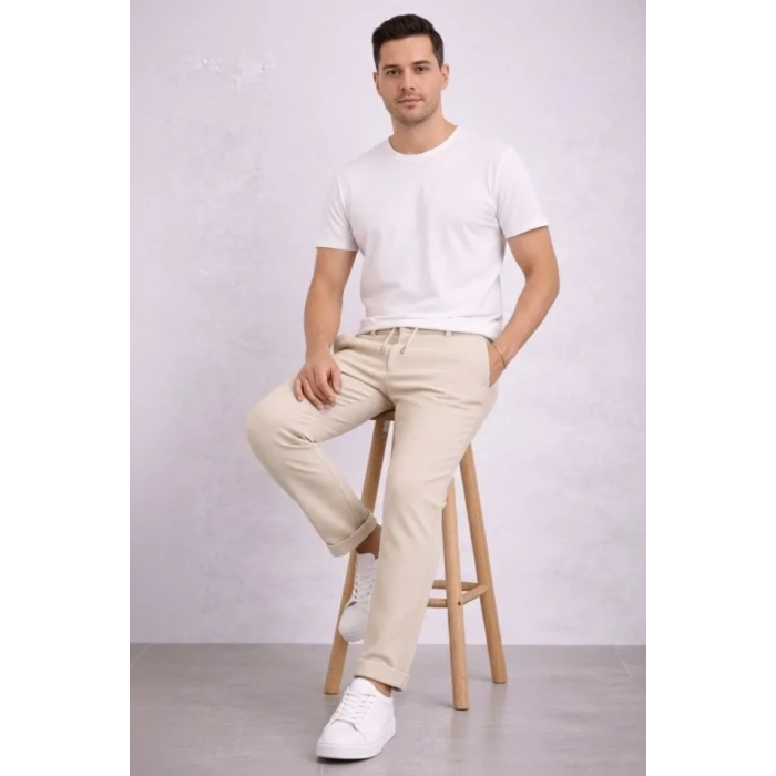 Erkek Diagonel Mikro Dokulu Duble Paça Cepli Pantolon Bağcıklı Bel, Modern Kesim - Krem