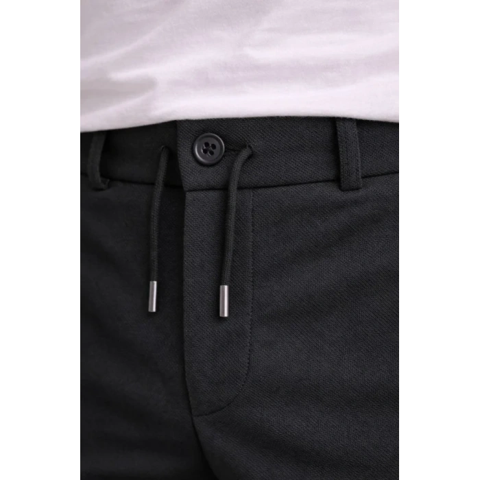 Erkek Diagonel Mikro Dokulu Duble Paça Cepli Pantolon Bağcıklı Bel, Modern Kesim - Siyah