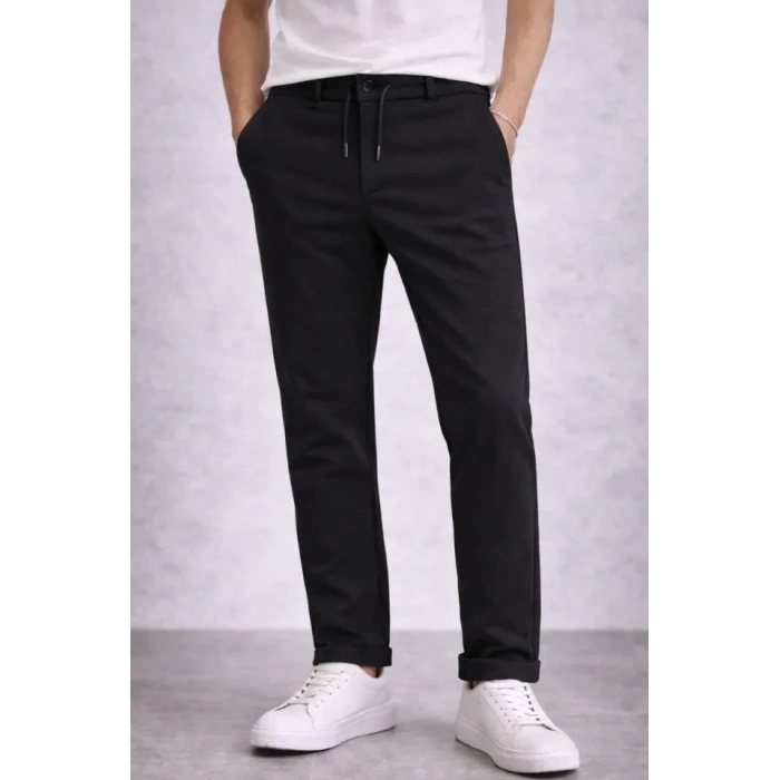 Erkek Diagonel Mikro Dokulu Duble Paça Cepli Pantolon Bağcıklı Bel, Modern Kesim - Siyah