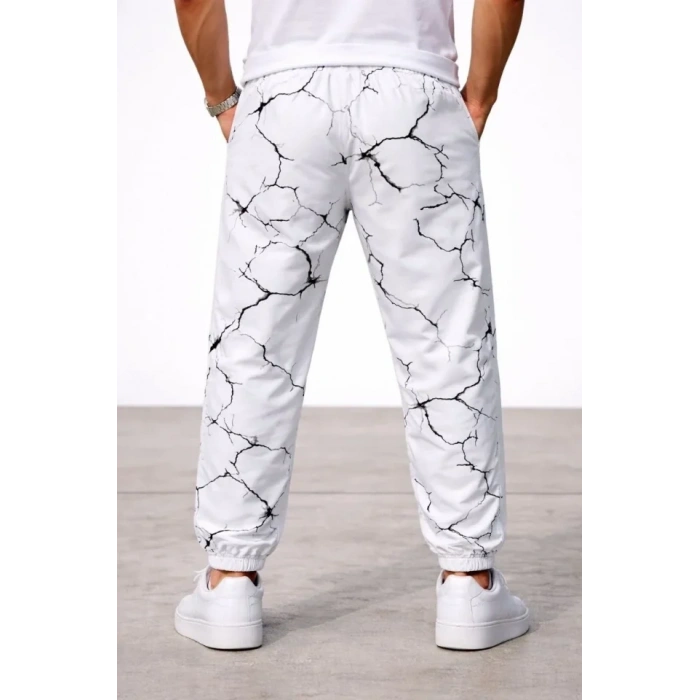 Erkek Dijital Baskılı Eşofman Altı Kışlık Üç İplik Şardonlu Kumaş Lastikli Paça, Cepli, Rahat Kalıp - Beyaz