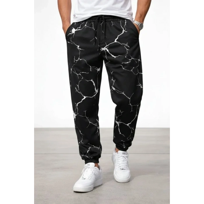 Erkek Dijital Baskılı Eşofman Altı Kışlık Üç İplik Şardonlu Kumaş Lastikli Paça, Cepli, Rahat Kalıp - Siyah