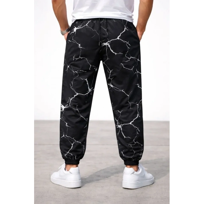 Erkek Dijital Baskılı Eşofman Altı Kışlık Üç İplik Şardonlu Kumaş Lastikli Paça, Cepli, Rahat Kalıp - Siyah