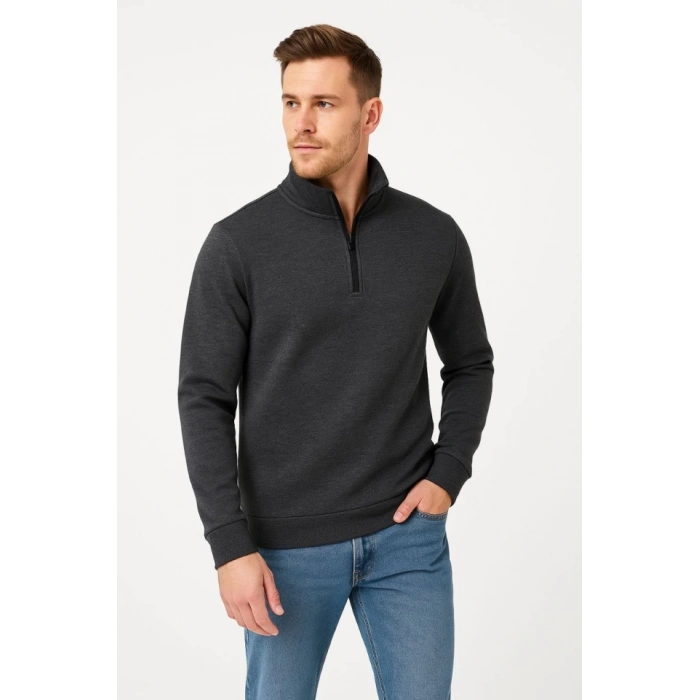Erkek Dik Yaka Sweatshirt Dik Yaka Yarım Fermuarlı 3 İplik Şardonlu Pamuk Kumaş - Antrasit