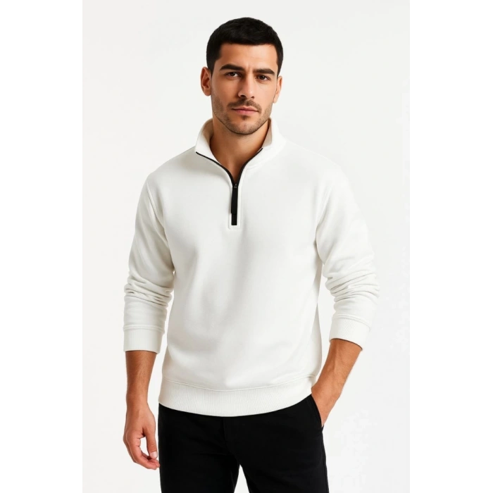 Erkek Dik Yaka Sweatshirt Dik Yaka Yarım Fermuarlı 3 İplik Şardonlu Pamuk Kumaş - Beyaz