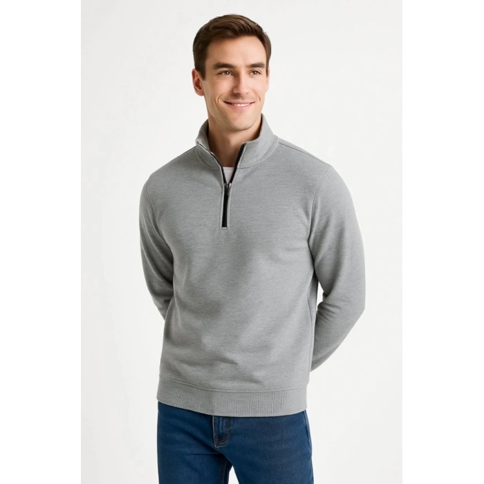 Erkek Dik Yaka Sweatshirt Dik Yaka Yarım Fermuarlı 3 İplik Şardonlu Pamuk Kumaş - Gri