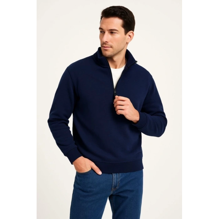Erkek Dik Yaka Sweatshirt Dik Yaka Yarım Fermuarlı 3 İplik Şardonlu Pamuk Kumaş - Lacivert