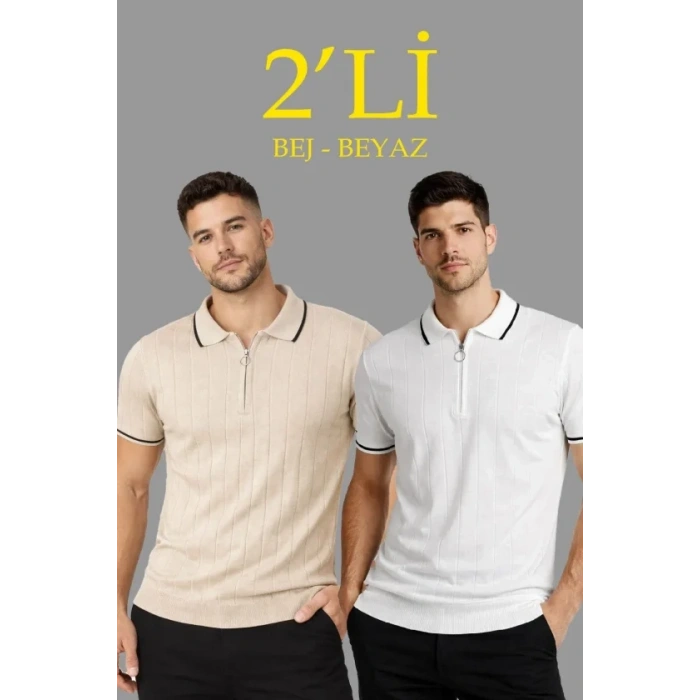 Erkek Dokuma Triko Tişört Fermuar Yakalı Yazlık Kısa Kol T-Shirt 2’li Set Bej-Beyaz