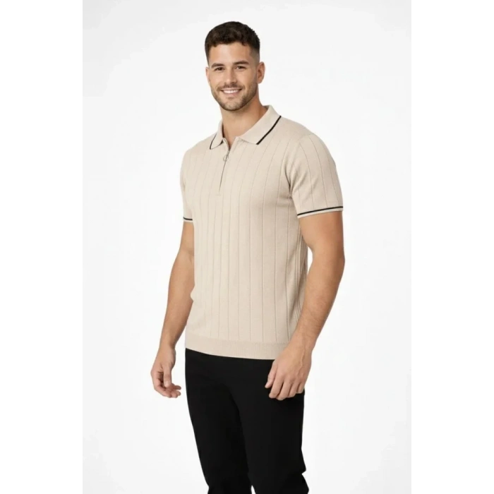 Erkek Dokuma Triko Tişört Fermuar Yakalı Yazlık Kısa Kol T-Shirt 2’li Set Bej-Beyaz