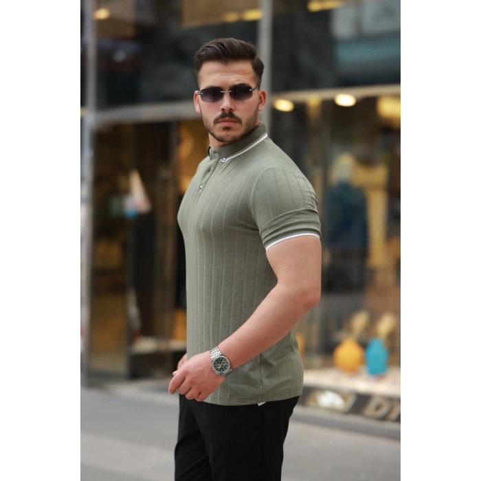 Erkek Düğme Yakalı Jakar Kumaş Kısa Kollu Tişört