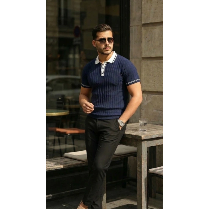 Erkek Düğme Yakalı Kontrast Yaka Triko Tişört