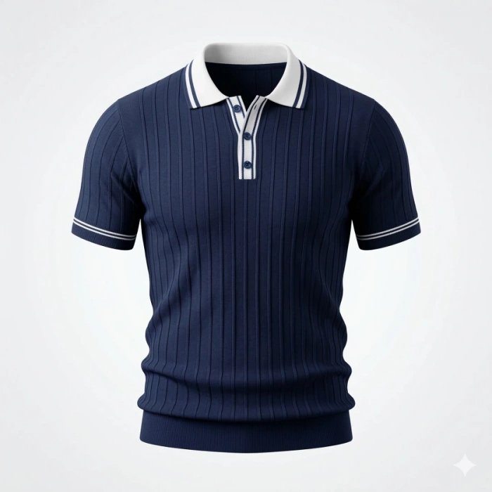 Erkek Düğme Yakalı Kontrast Yaka Triko Tişört