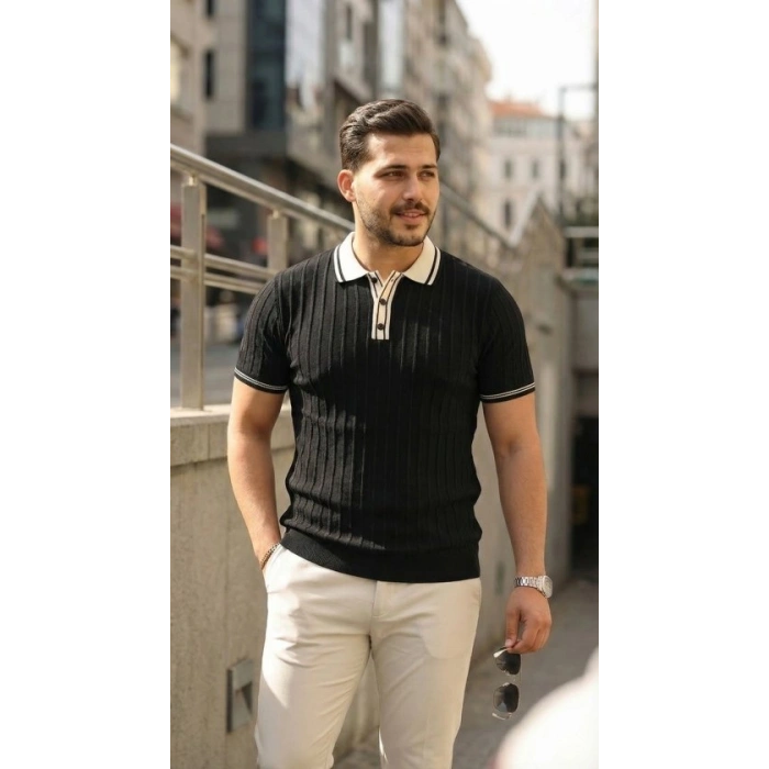 Erkek Düğme Yakalı Kontrast Yaka Triko Tişört