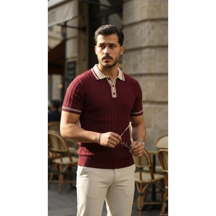 Erkek Düğme Yakalı Kontrast Yaka Triko Tişört