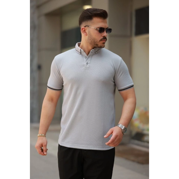 Erkek Düğmeli Yaka Waffle Kumaş Kısa Kollu Tişört