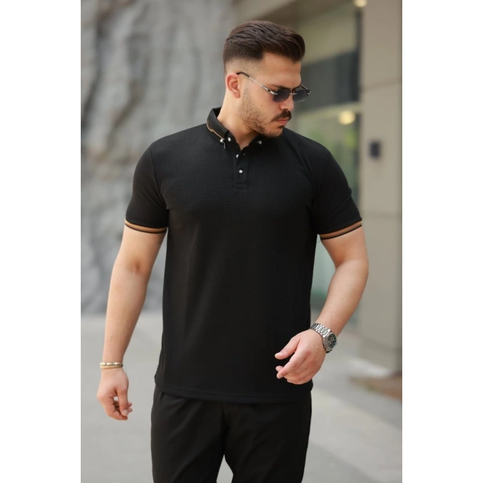 Erkek Düğmeli Yaka Waffle Kumaş Kısa Kollu Tişört
