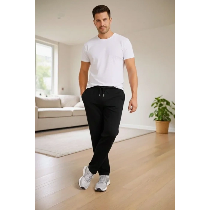 Erkek Düz Paça Beli Lastikli İpli Günlük Spor Eşofman Altı Rahat Fit - Siyah