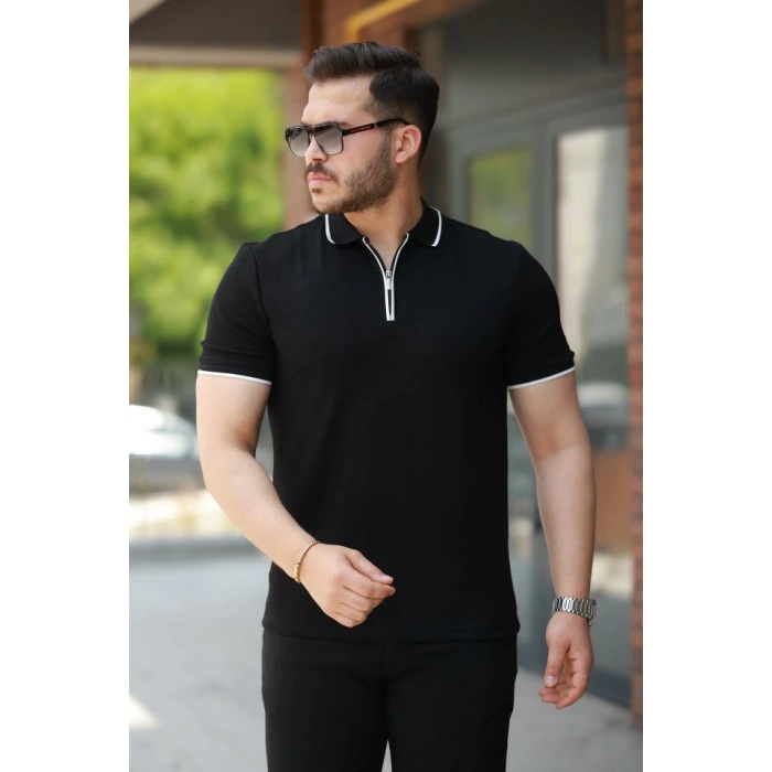 Erkek Fermuar Yakalı çizgi Detaylıkısa Kollu Tişört