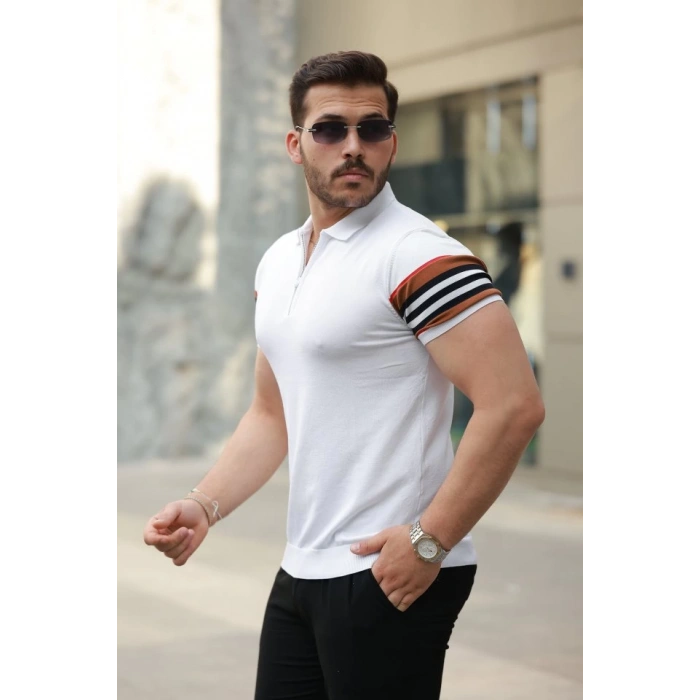 Erkek Fermuar Yakalı Kolları Desenli Kısa Kollu Tişört