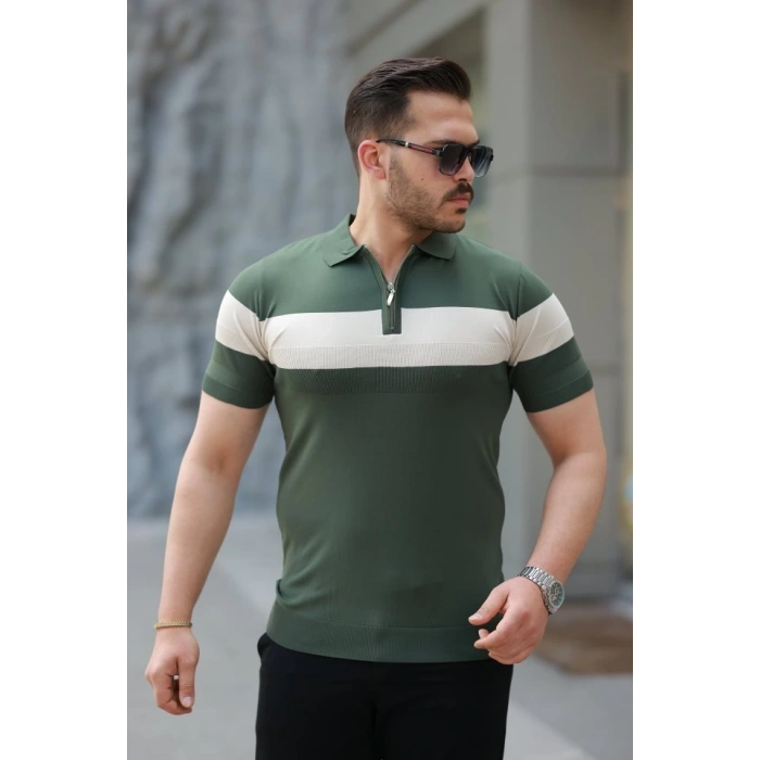 Erkek Fermuar Yakalı şerit Renk Desenli Kısa Kollu Tişört