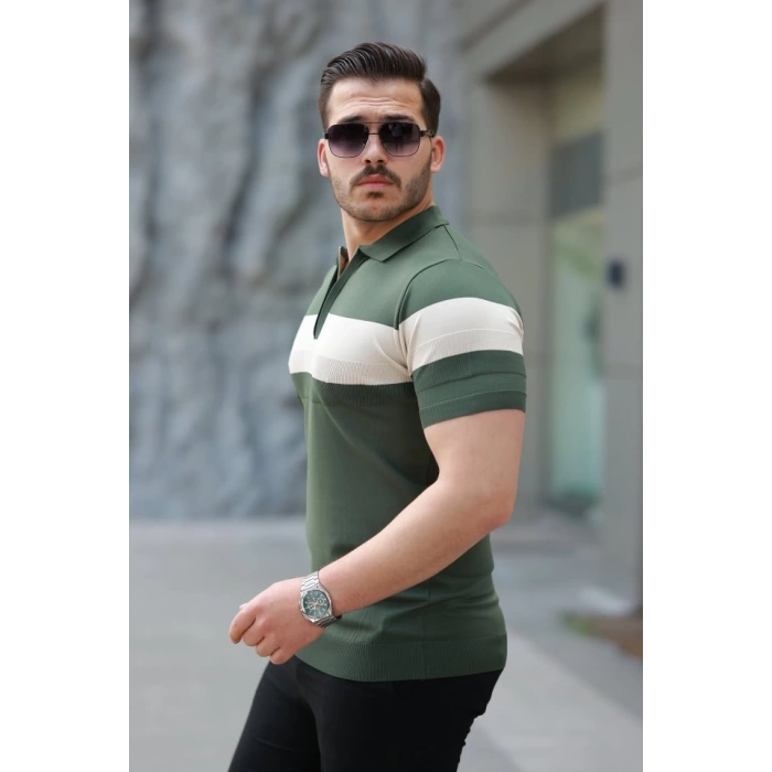 Erkek Fermuar Yakalı şerit Renk Desenli Kısa Kollu Tişört