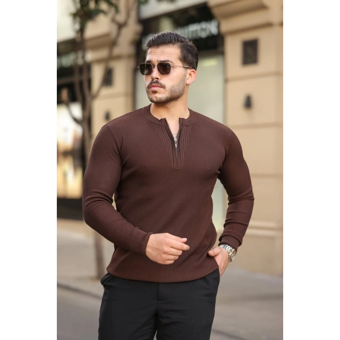 Erkek Fermuarlı Bisiklet Yaka Dokulu Uzun Kollu Triko