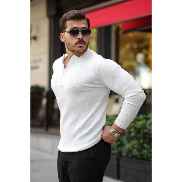 Erkek Fermuarlı Bisiklet Yaka Dokulu Uzun Kollu Triko