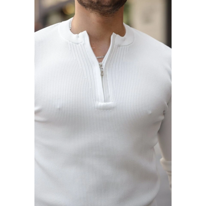 Erkek Fermuarlı Bisiklet Yaka Dokulu Uzun Kollu Triko