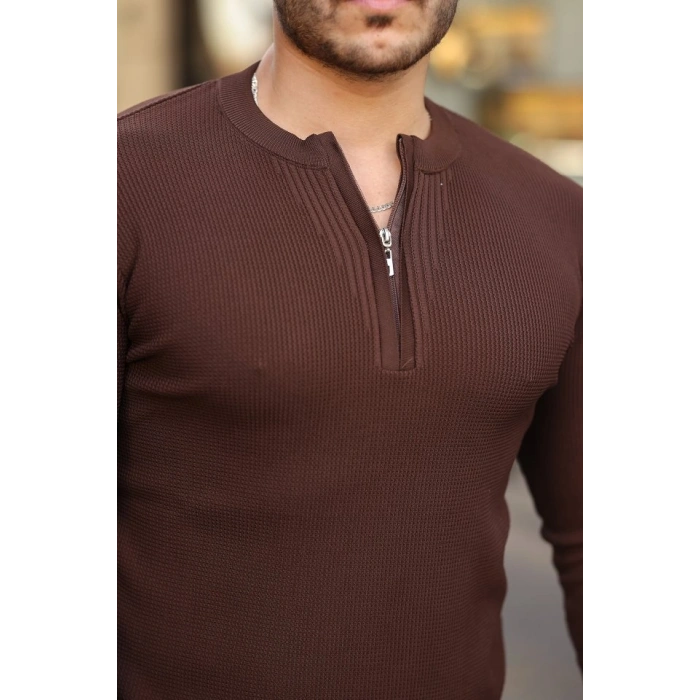 Erkek Fermuarlı Bisiklet Yaka Dokulu Uzun Kollu Triko