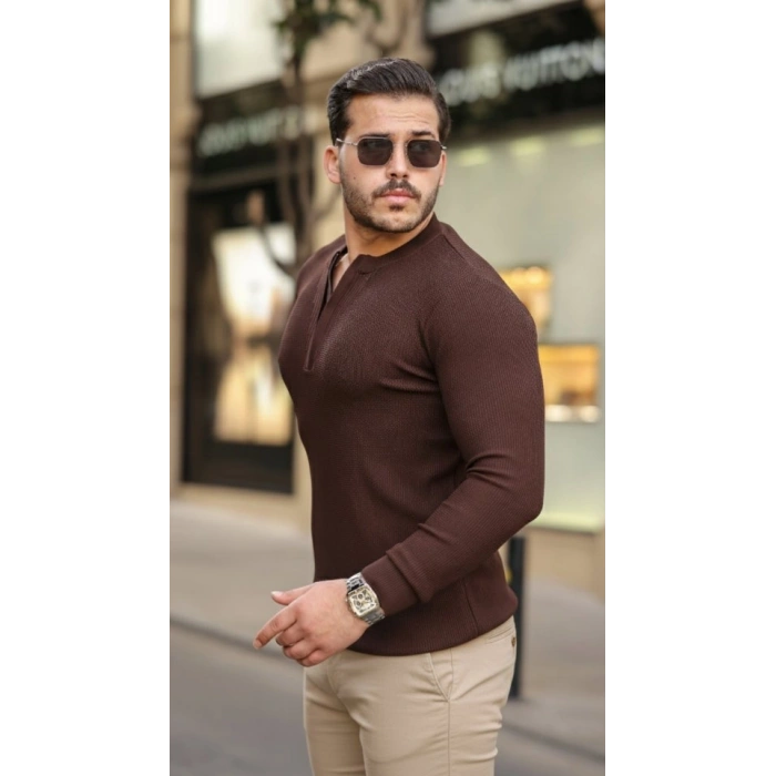 Erkek Fermuarlı Bisiklet Yaka Dokulu Uzun Kollu Triko