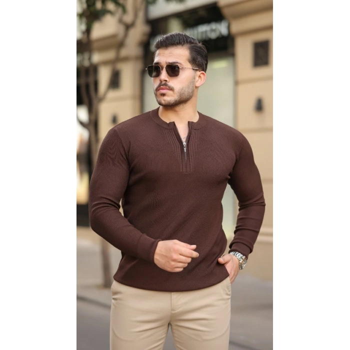 Erkek Fermuarlı Bisiklet Yaka Dokulu Uzun Kollu Triko