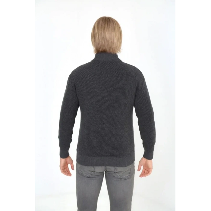 Erkek Fermuarlı Triko Hırka Yüksek Yaka, Cepli, Günlük Şık Rahat Kalıp Triko - Gri