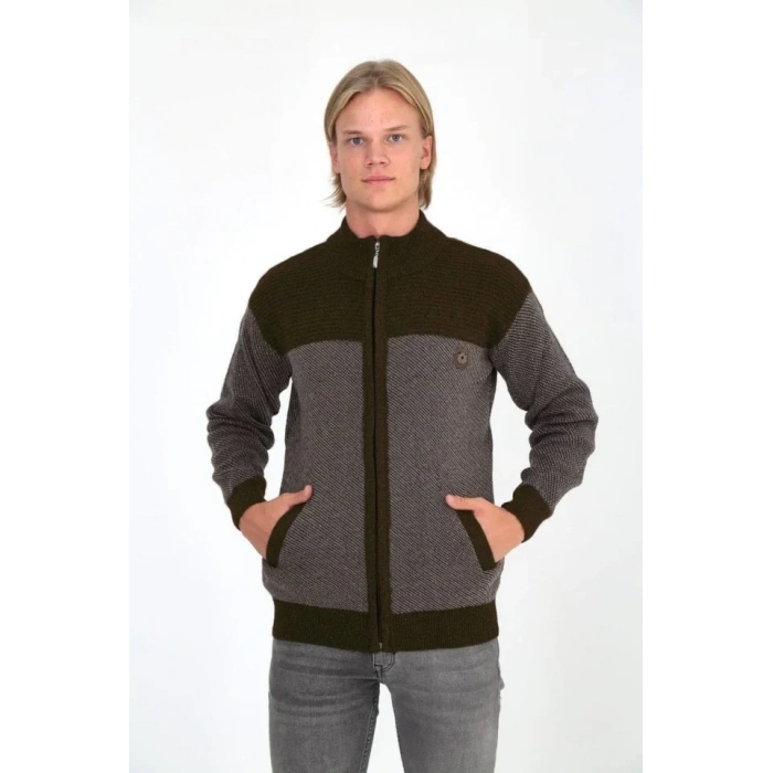 Erkek Fermuarlı Triko Hırka Yüksek Yaka, Cepli, Günlük Şık Rahat Kalıp Triko - Kahverengi