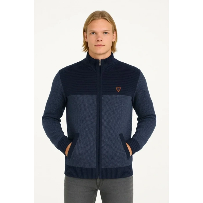 Erkek Fermuarlı Triko Hırka Yüksek Yaka, Cepli, Günlük Şık Rahat Kalıp Triko - Lacivert