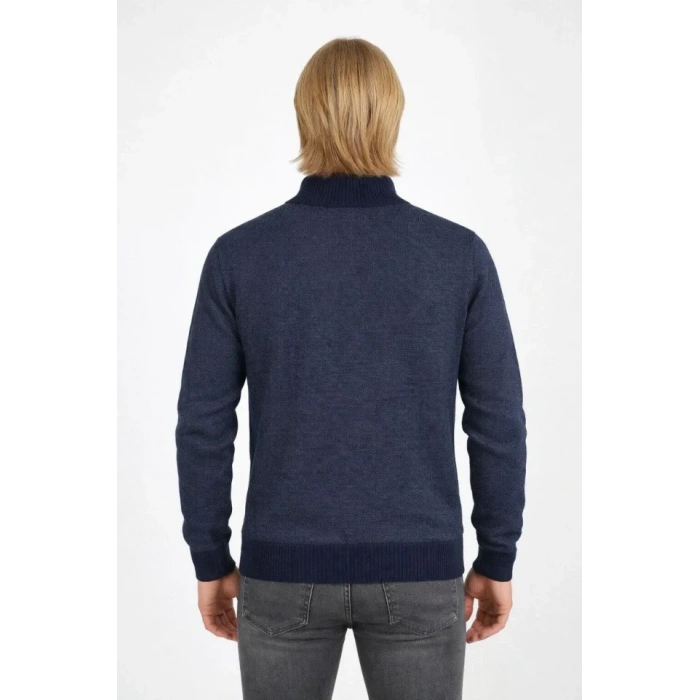 Erkek Fermuarlı Triko Hırka Yüksek Yaka, Cepli, Günlük Şık Rahat Kalıp Triko - Lacivert