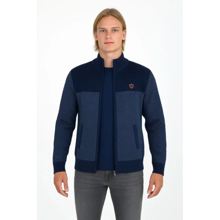 Erkek Fermuarlı Triko Hırka Yüksek Yaka, Cepli, Günlük Şık Rahat Kalıp Triko - Lacivert