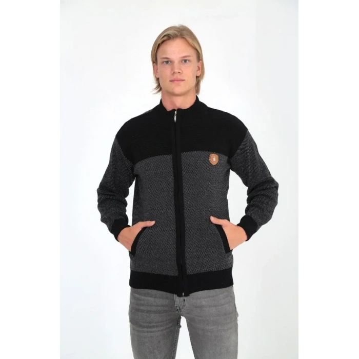 Erkek Fermuarlı Triko Hırka Yüksek Yaka, Cepli, Günlük Şık Rahat Kalıp Triko - Siyah