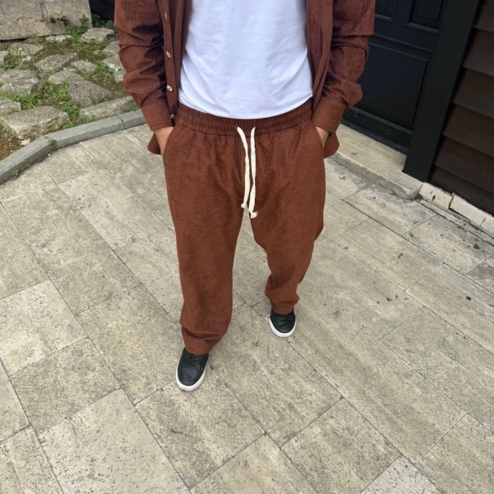 Erkek Fitilli Kadife Cepli Buggy Pantolon Oversize Rahat Kalıp - Kahverengi