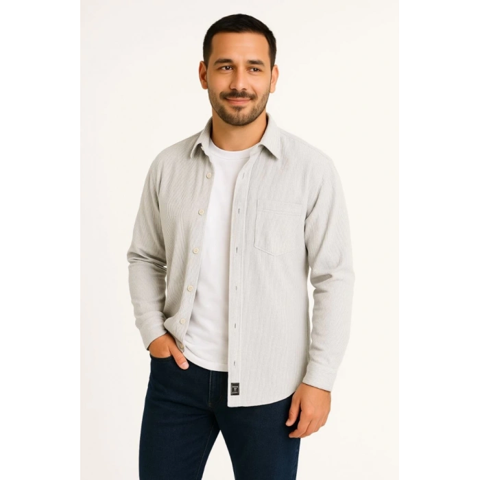 Erkek Fitilli Kadife Cepli Gömlek Oversize Rahat Kalıp - Gri