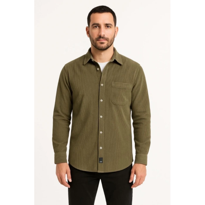 Erkek Fitilli Kadife Cepli Gömlek Oversize Rahat Kalıp - Haki