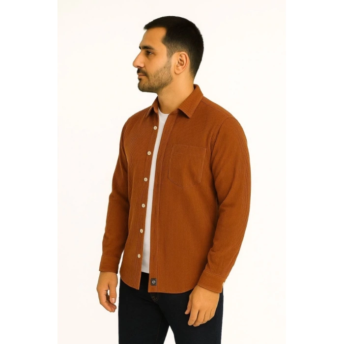 Erkek Fitilli Kadife Cepli Gömlek Oversize Rahat Kalıp - Kahverengi