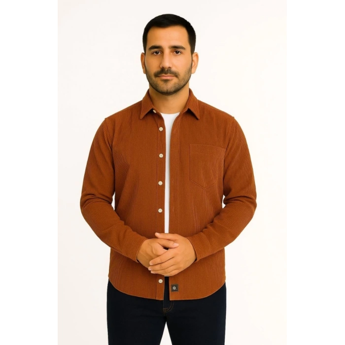 Erkek Fitilli Kadife Cepli Gömlek Oversize Rahat Kalıp - Kahverengi