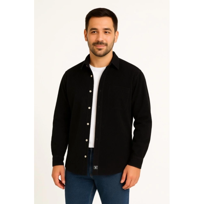 Erkek Fitilli Kadife Cepli Gömlek Oversize Rahat Kalıp - Siyah