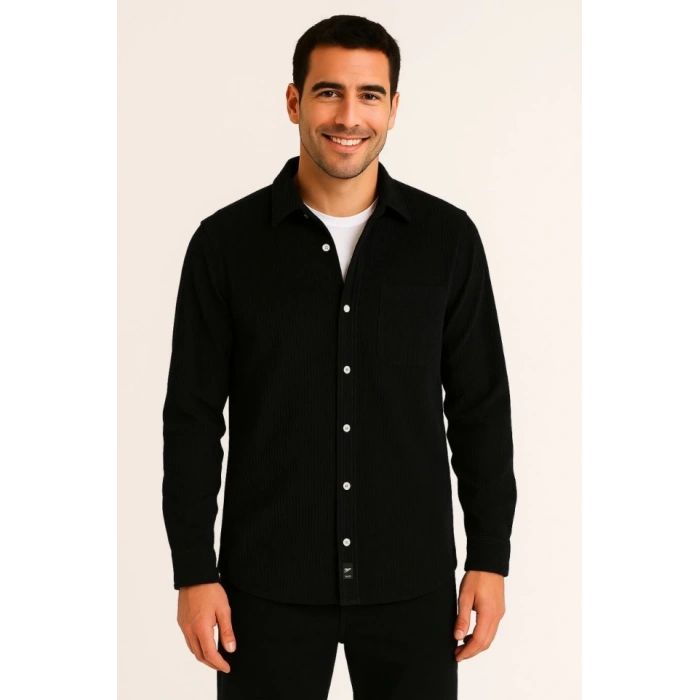 Erkek Fitilli Kadife Cepli Gömlek Oversize Rahat Kalıp - Siyah