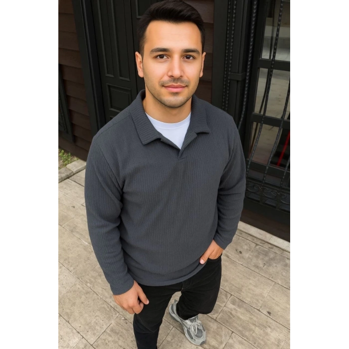 Erkek Fitilli Polar Sweatshirt – Düğmesiz Polo Yaka, Oversize Rahat Kalıp, Kalın Polar Kumaş, Kışlık Ve Baharlık Şık Günlük Üst - Füme