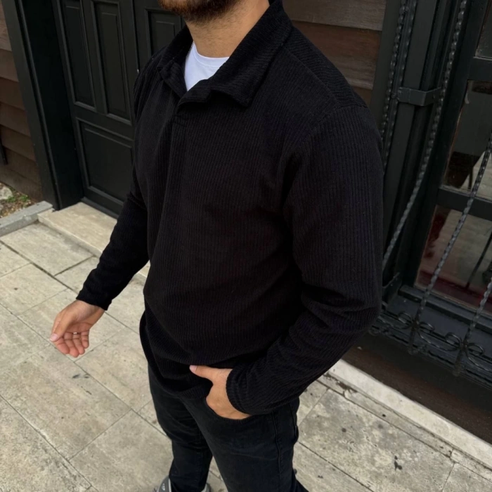 Erkek Fitilli Polar Sweatshirt – Düğmesiz Polo Yaka, Oversize Rahat Kalıp, Kalın Polar Kumaş, Kışlık Ve Baharlık Şık Günlük Üst - Siyah